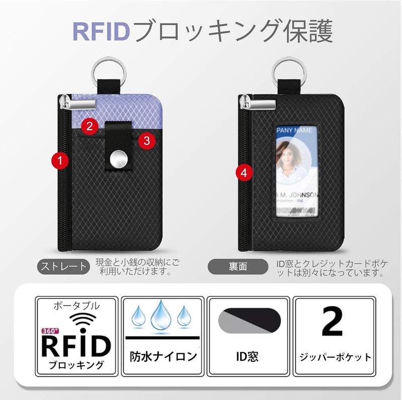 CCUMI Minimalist RFID Blocking Small Wallet with ID Window,WaterResistant Zip Id Case Wallet with Lanyard Keychain for Cards,Cash,Travel,Women,Men (Black/Lavender Purple) - Image 2